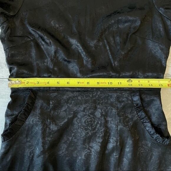 Lulus Black Short Dress Medium Pockets Ruffle Embossed Roses - Picture 7 of 12